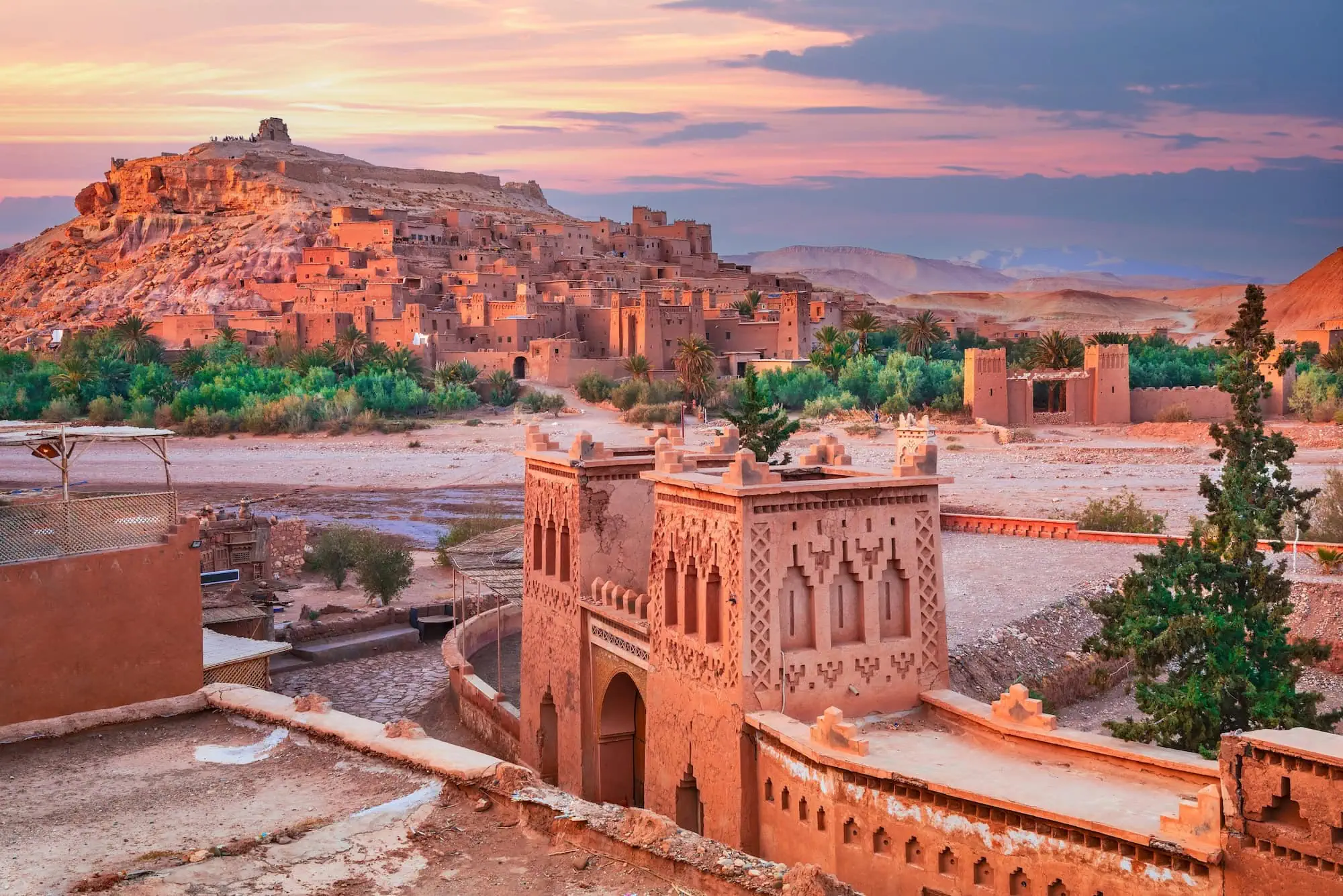 Ancient Berber fortified village of Ait Ben Haddou with traditional clay architecture at sunset