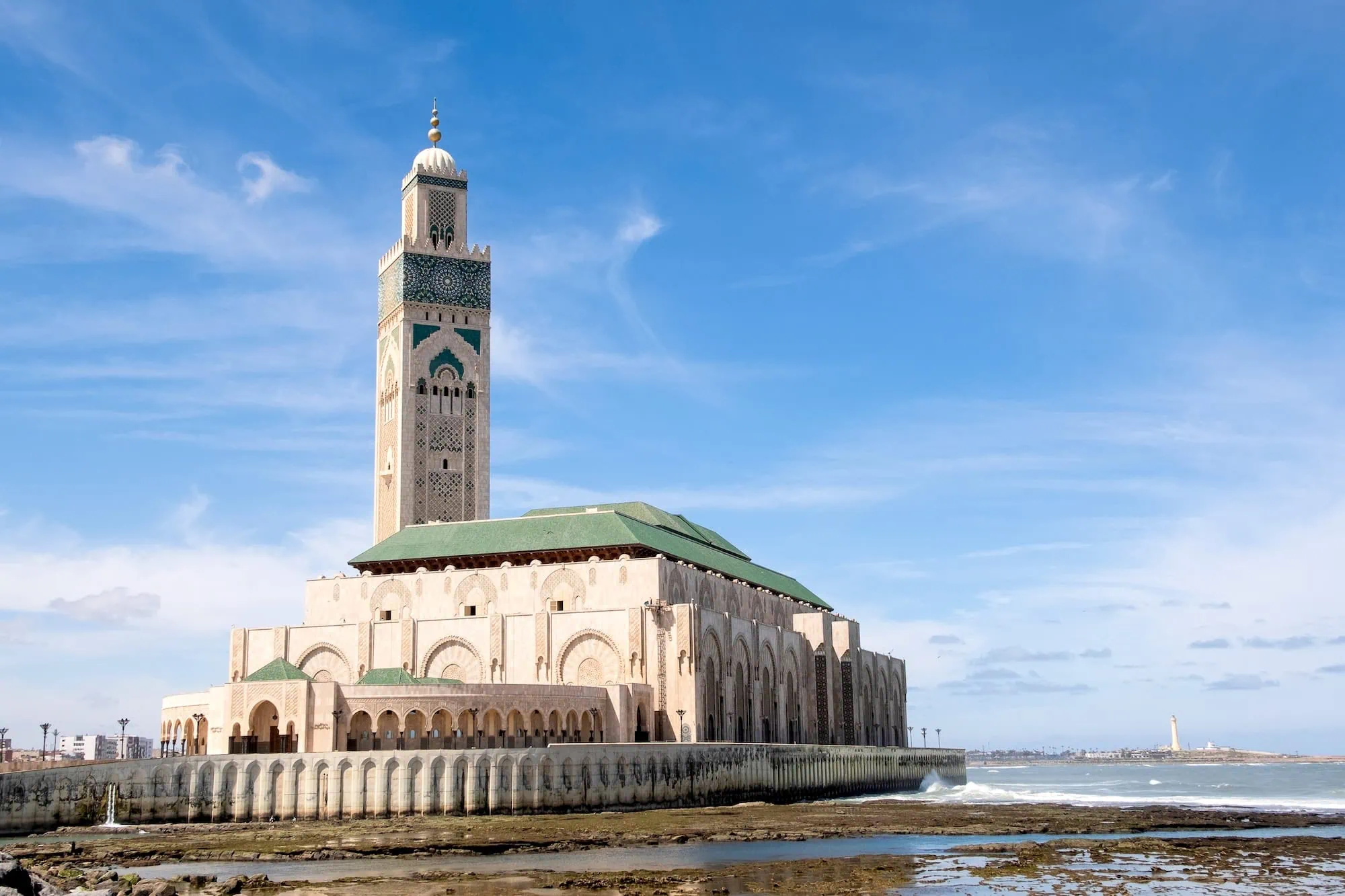 Hassan II Mosque viewed from the Atlantic Ocean coastline in Casablanca