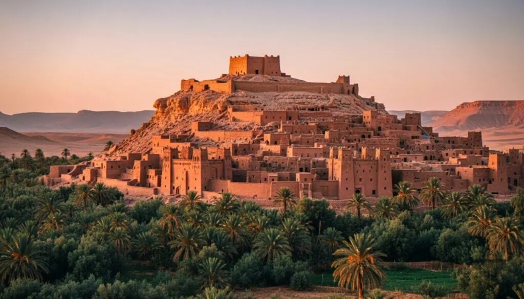 The historic ksar of Aït Benhaddou in Morocco at golden hour, a fortified mud-brick village with a palm oasis below, visited on longer Egypt and Morocco tours.