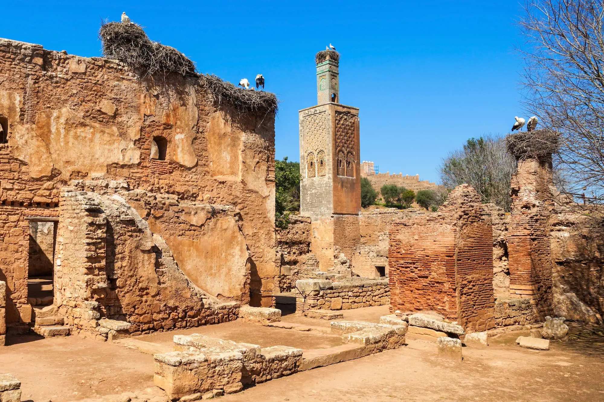 Ancient Chellah necropolis ruins with Islamic minaret tower and Roman archaeological remains in Rabat