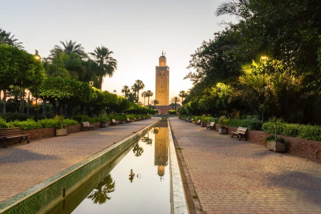 Minaret of Koutoubia Mosque at sunrise in Marrakech, Morocco.