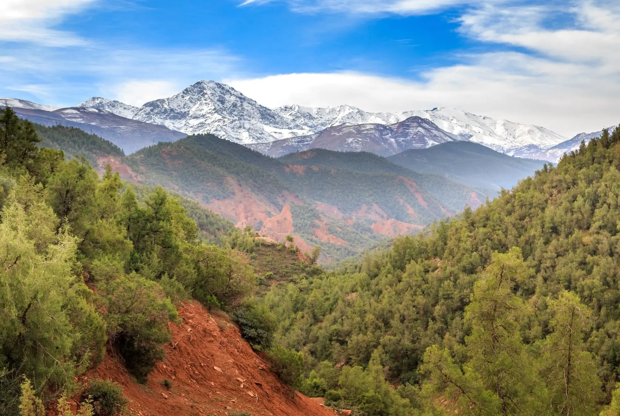 Panoramic view of snow-capped Atlas Mountains near Marrakesh with green valleys